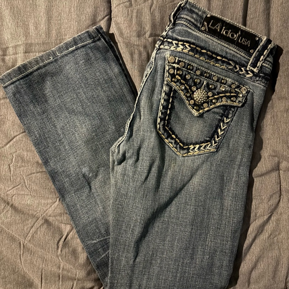 L.A. idol Blue Boot Cut Jeans with Distressed Detailing